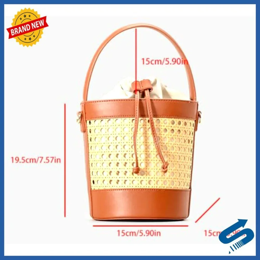 Rattan Straw Tote Bucket Bag PU Leather Summer Beach Holiday Purse